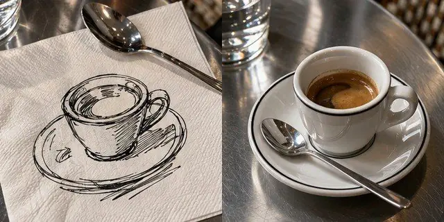 לפני ואחרי עם הפקודה /napkinsketch: סקיצה בעט על מפית בבית קפה