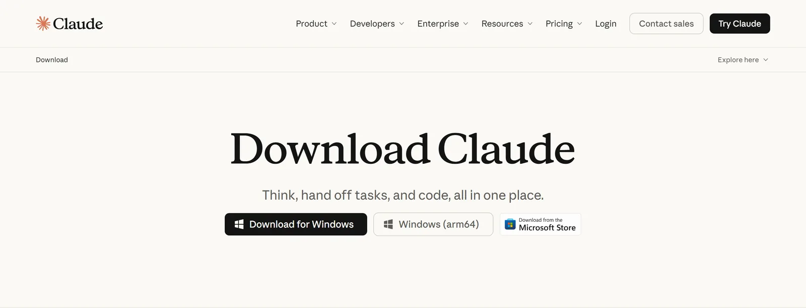 עמוד ההורדה של Claude עם הכותרת Download Claude, כפתור הורדה ל-Windows, גרסה ל-Windows ARM וקישור ל-Microsoft Store