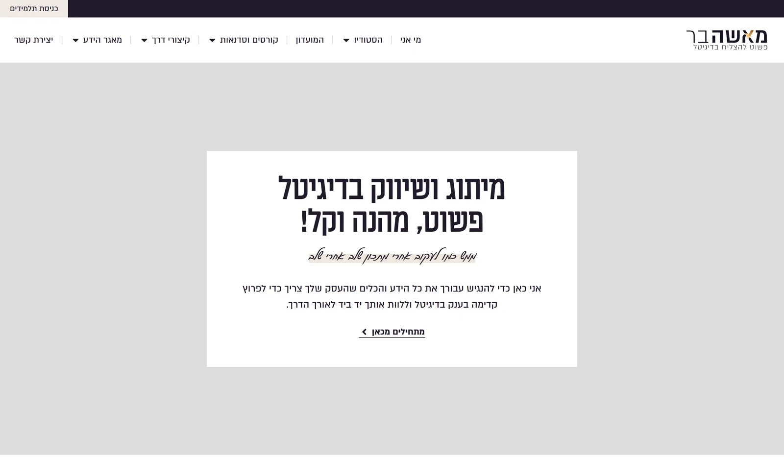 האתר הישן של מאשה בר בוורדפרס, ביוני 2025: כותרת שחורה מיתוג ושיווק בדיגיטל פשוט, מהנה וקל על רקע אפור