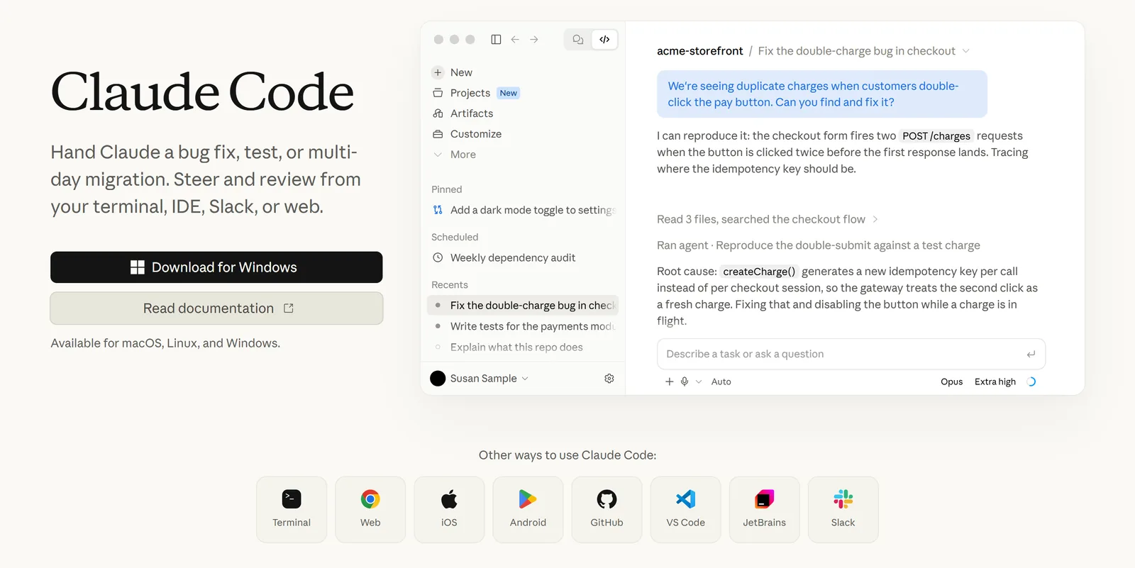 עמוד Claude Code באתר של Anthropic: כפתור הורדה ל-Windows ולצידו האפליקציה עם לשונית הקוד, רשימת משימות ושיחה שמתקנת באג בעמוד תשלום
