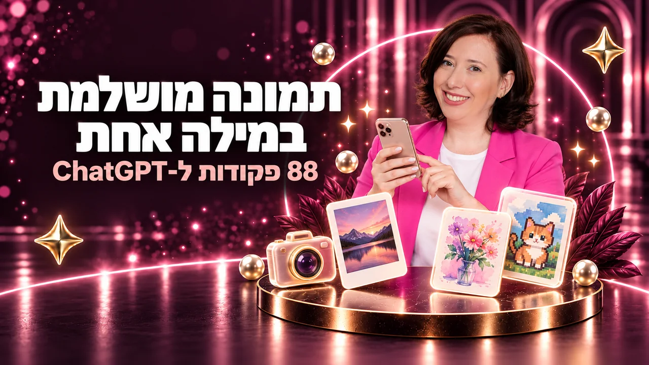 מאשה בר בבלייזר ורוד מחזיקה טלפון, ולצידה הכותרת: תמונה מושלמת במילה אחת, 88 פקודות ל-ChatGPT