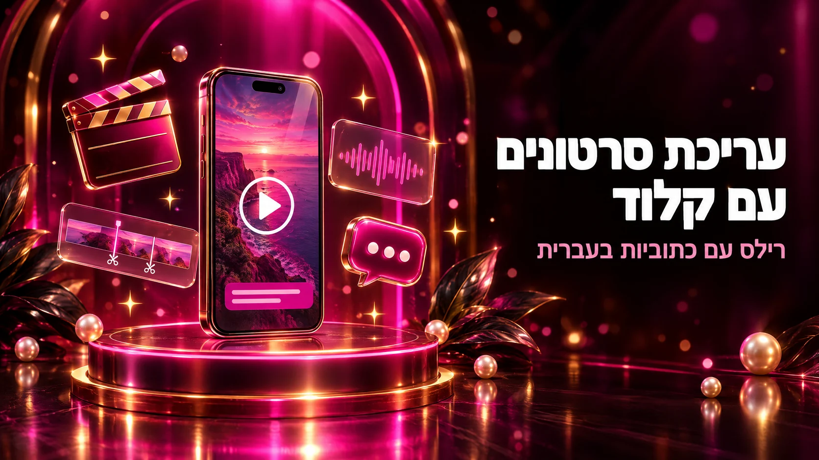 עריכת סרטונים עם קלוד: טלפון עם סרטון, קלאקר, גל קול וציר זמן על במה זוהרת בוורוד, ולצידם הכותרת רילס עם כתוביות בעברית
