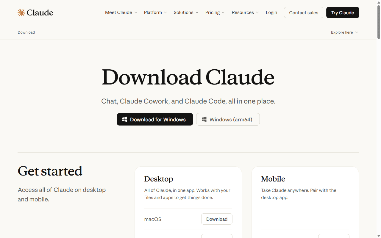 צילום מסך של עמוד ההורדה claude.ai/download – כפתורי הורדה ל-Windows ו-Mac עבור Claude Desktop, Cowork ו-Code