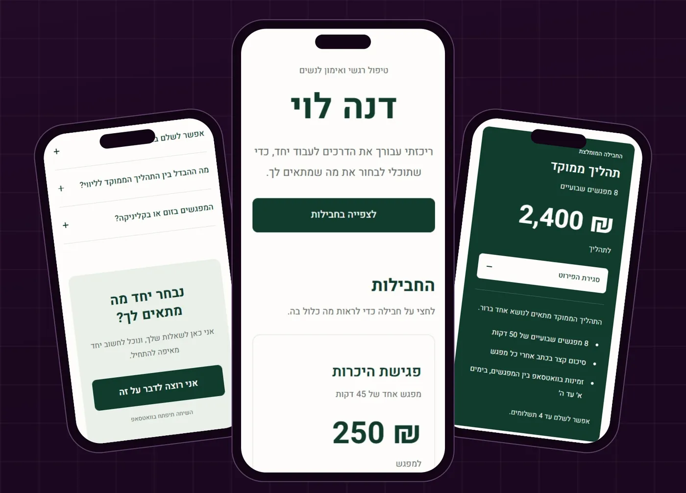 שלושה טלפונים עם אתר של הצעת מחיר: מסך פתיחה עם כפתור לצפייה בחבילות, חבילה פתוחה עם המחיר ומה כלול בה, ושאלות נפוצות עם כפתור לוואטסאפ