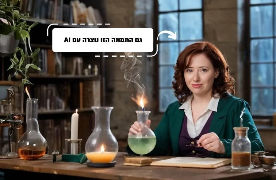 תמונה של מאשה בדמות מכשפה במעבדה, שנוצרה כולה עם בינה מלאכותית