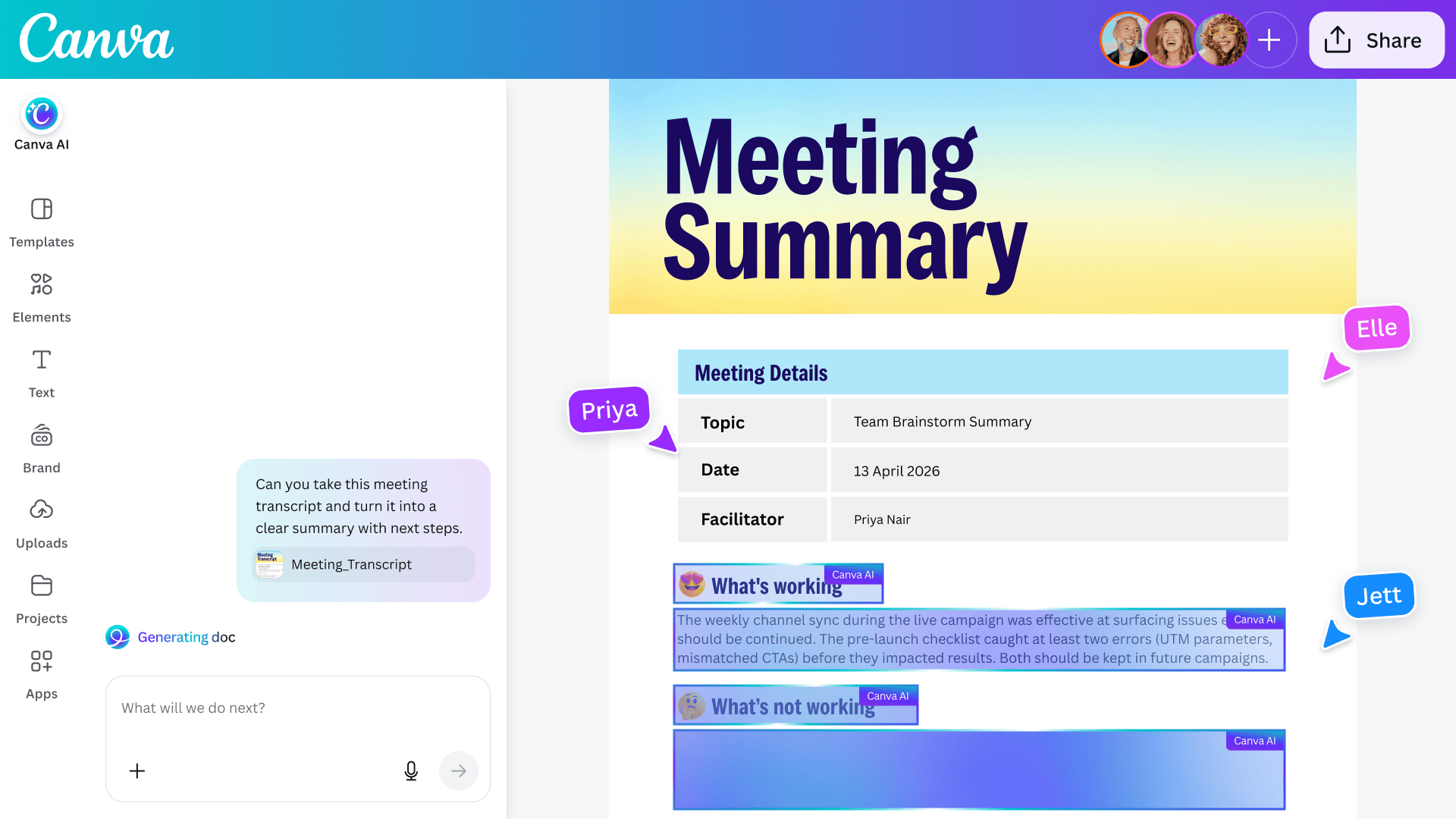 Canva AI יוצרת מסמך עם סיכום וצעדים הבאים - צילום מ-Canva Newsroom